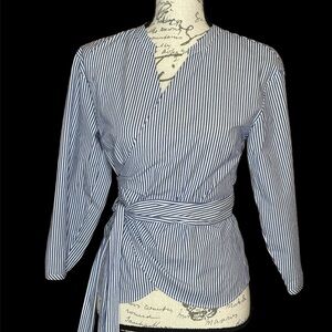 J.CREW Wrap Top Shirt Crisp Cotton Long Sleeve Blue White Pinstripes Women’s SP